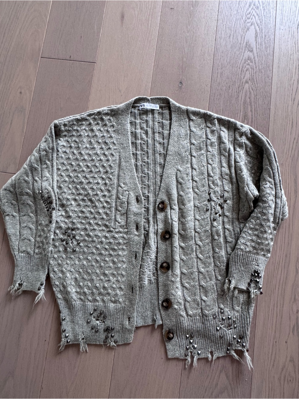 Zara Gray Distressed Cable Knit Button-Front Cardigan with Studs Detail Size S